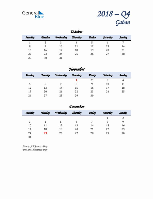 October, November, and December Calendar for Gabon with Monday Start