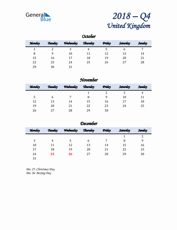 October, November, and December Calendar for United Kingdom with Monday Start