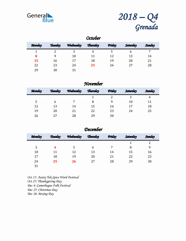 October, November, and December Calendar for Grenada with Monday Start