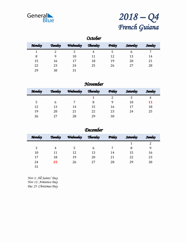 October, November, and December Calendar for French Guiana with Monday Start