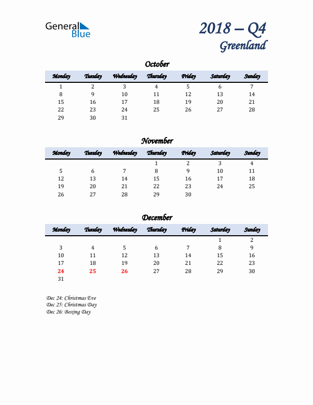 October, November, and December Calendar for Greenland with Monday Start