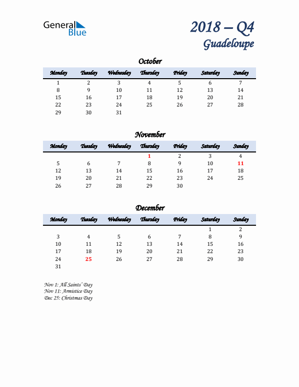 October, November, and December Calendar for Guadeloupe with Monday Start