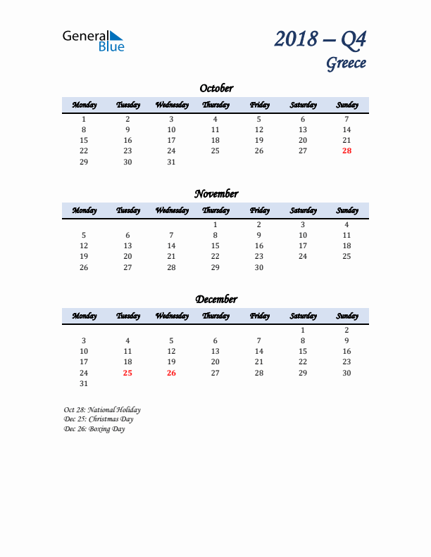 October, November, and December Calendar for Greece with Monday Start