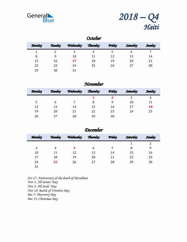 October, November, and December Calendar for Haiti with Monday Start