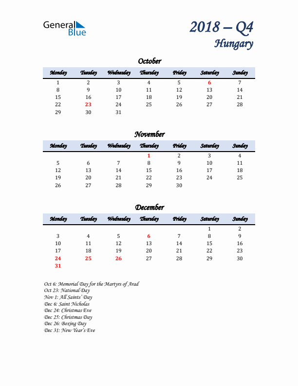 October, November, and December Calendar for Hungary with Monday Start