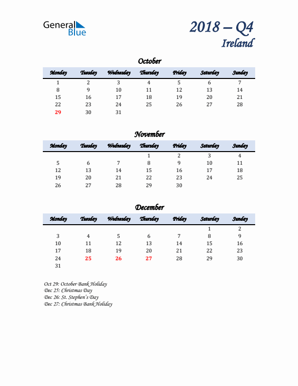 October, November, and December Calendar for Ireland with Monday Start