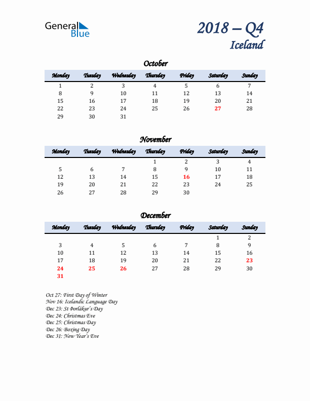 October, November, and December Calendar for Iceland with Monday Start