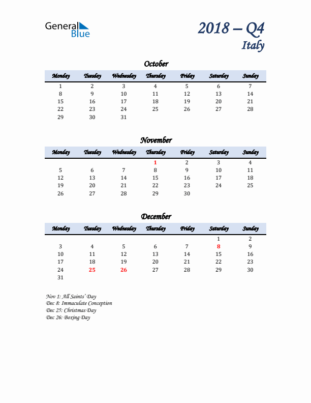 October, November, and December Calendar for Italy with Monday Start