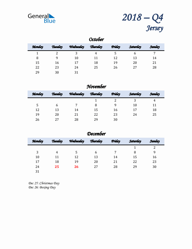 October, November, and December Calendar for Jersey with Monday Start