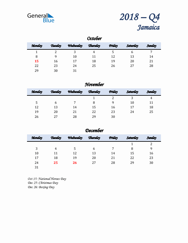 October, November, and December Calendar for Jamaica with Monday Start