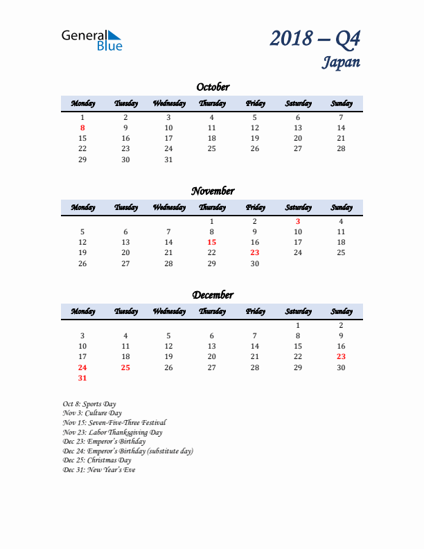 October, November, and December Calendar for Japan with Monday Start