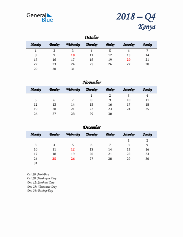 October, November, and December Calendar for Kenya with Monday Start