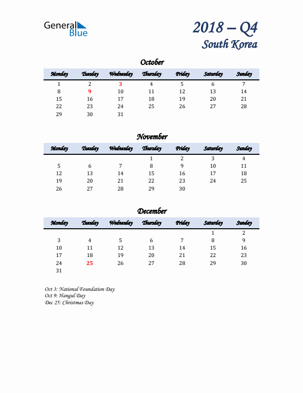 October, November, and December Calendar for South Korea with Monday Start