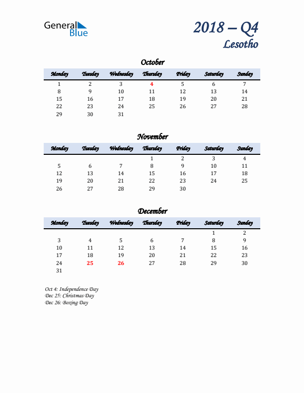 October, November, and December Calendar for Lesotho with Monday Start