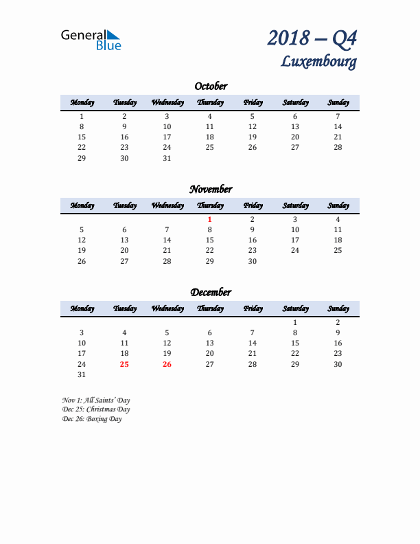 October, November, and December Calendar for Luxembourg with Monday Start