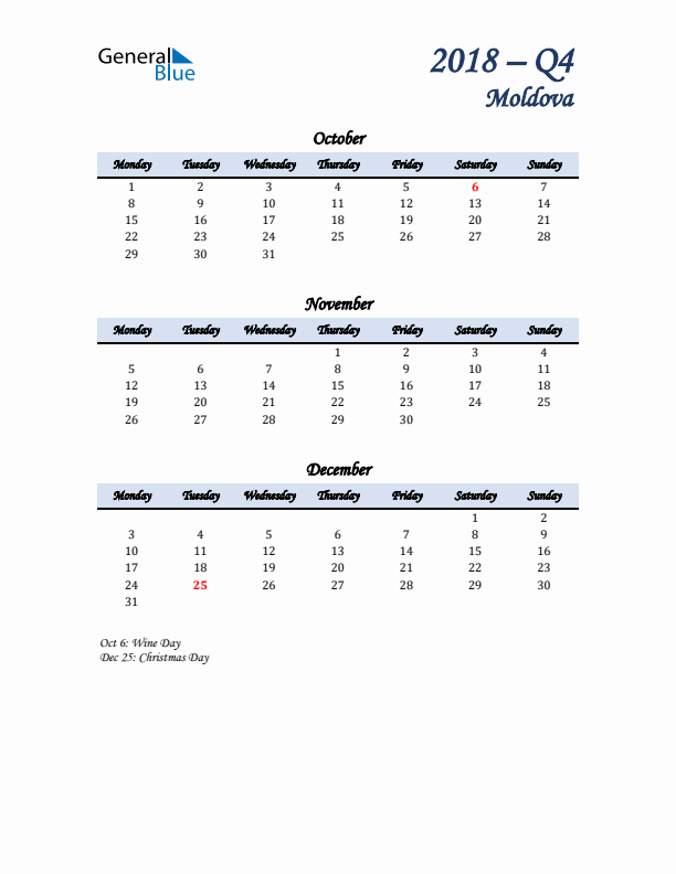 October, November, and December Calendar for Moldova with Monday Start