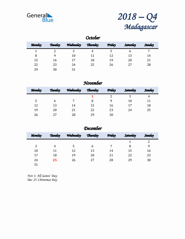 October, November, and December Calendar for Madagascar with Monday Start