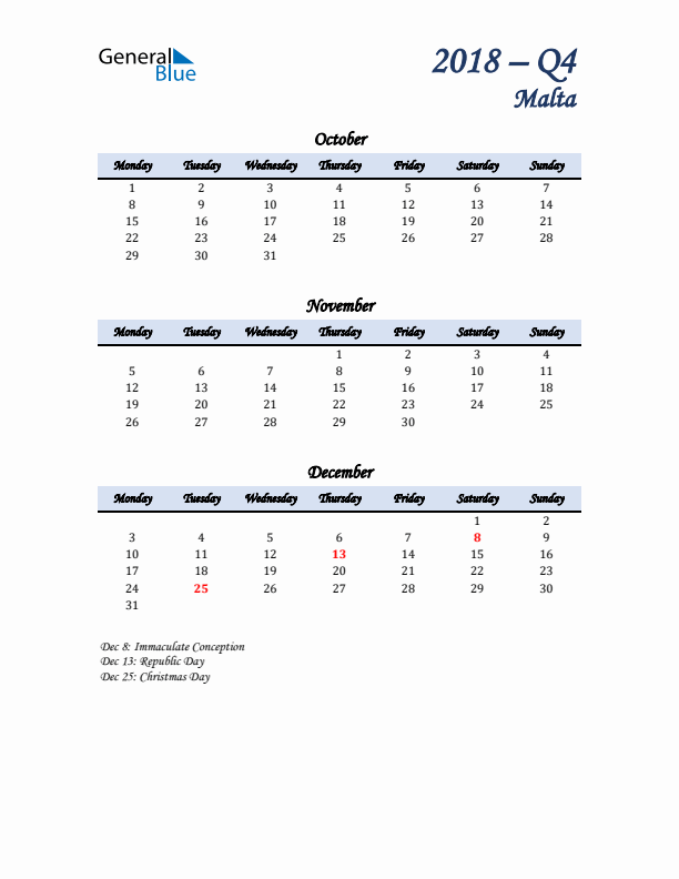 October, November, and December Calendar for Malta with Monday Start