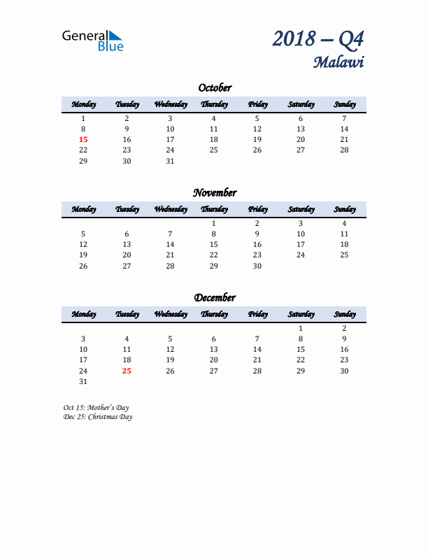 October, November, and December Calendar for Malawi with Monday Start