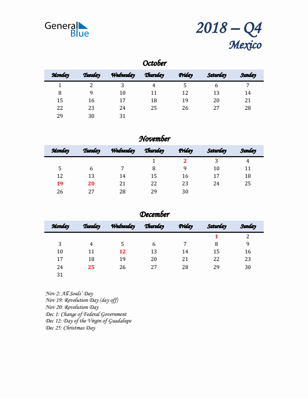 October, November, and December Calendar for Mexico with Monday Start