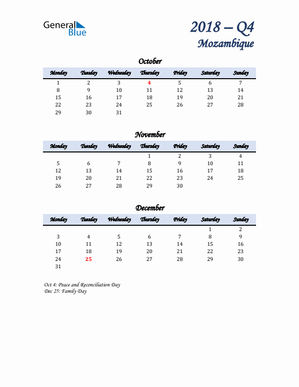 October, November, and December Calendar for Mozambique with Monday Start