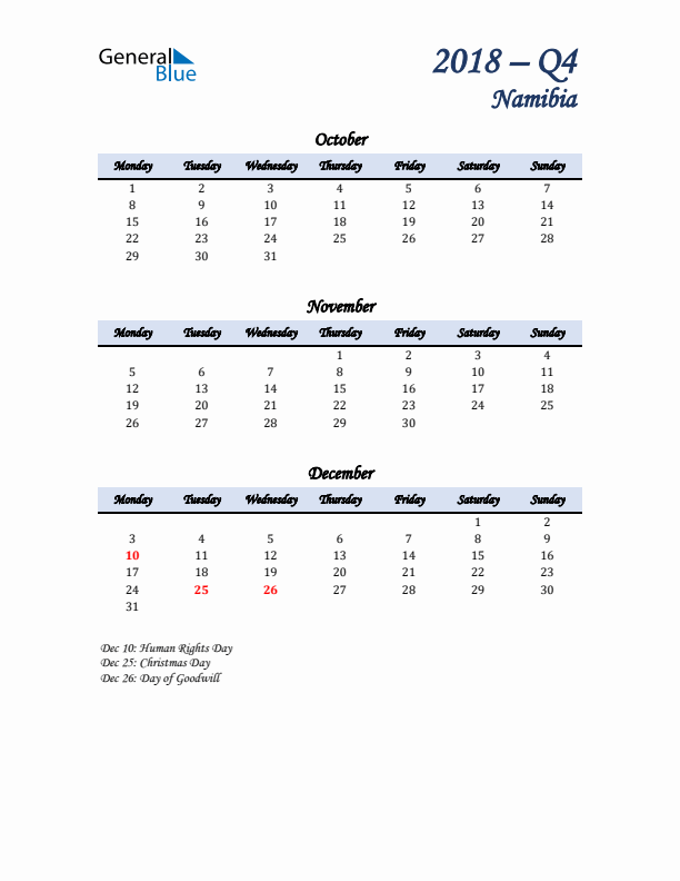 October, November, and December Calendar for Namibia with Monday Start