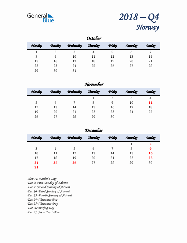 October, November, and December Calendar for Norway with Monday Start