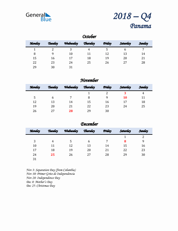 October, November, and December Calendar for Panama with Monday Start