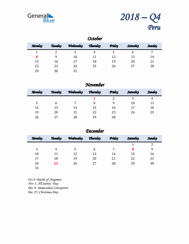 October, November, and December Calendar for Peru with Monday Start