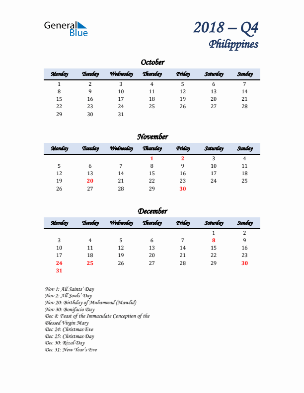 October, November, and December Calendar for Philippines with Monday Start