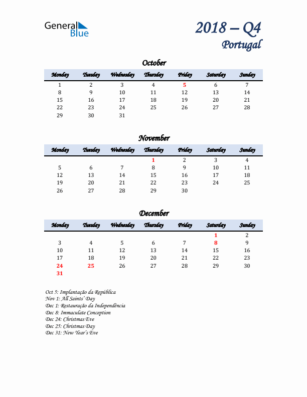 October, November, and December Calendar for Portugal with Monday Start