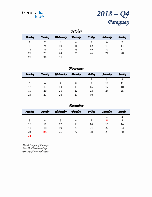 October, November, and December Calendar for Paraguay with Monday Start