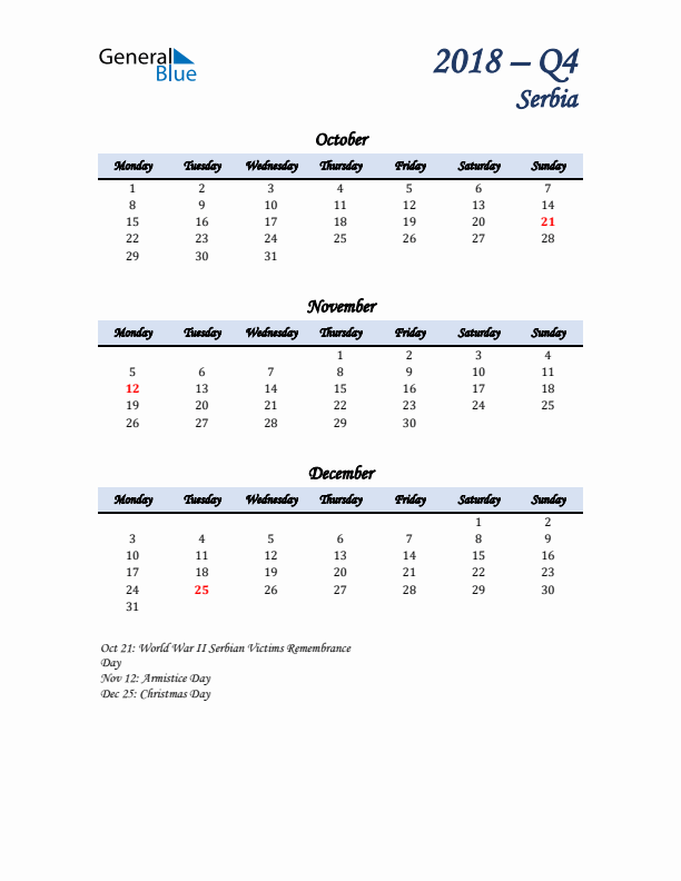 October, November, and December Calendar for Serbia with Monday Start