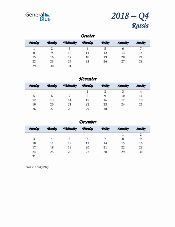 October, November, and December Calendar for Russia with Monday Start