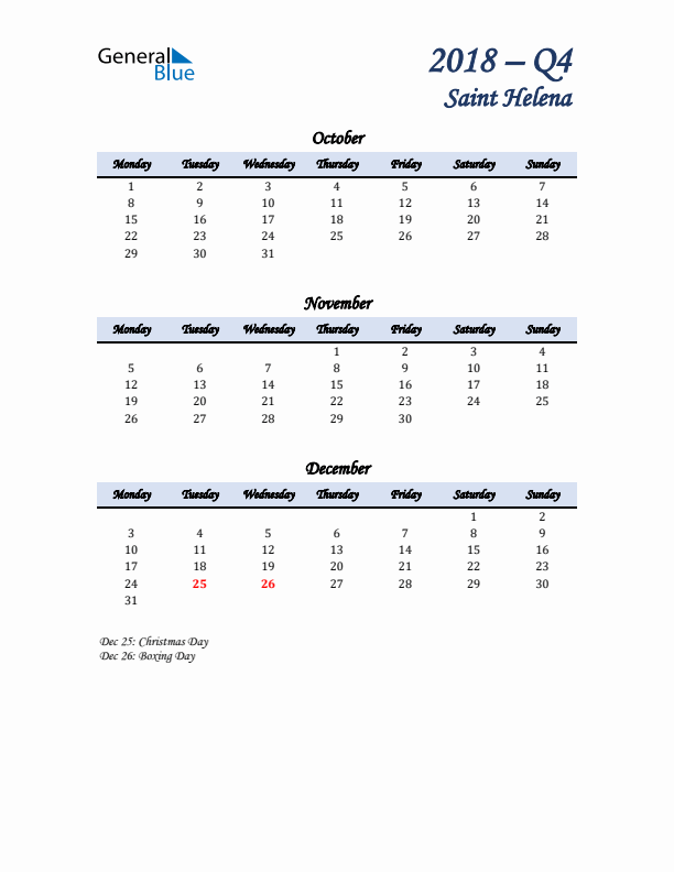 October, November, and December Calendar for Saint Helena with Monday Start