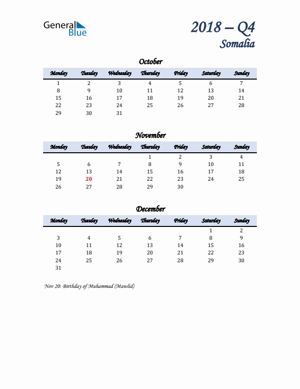 October, November, and December Calendar for Somalia with Monday Start