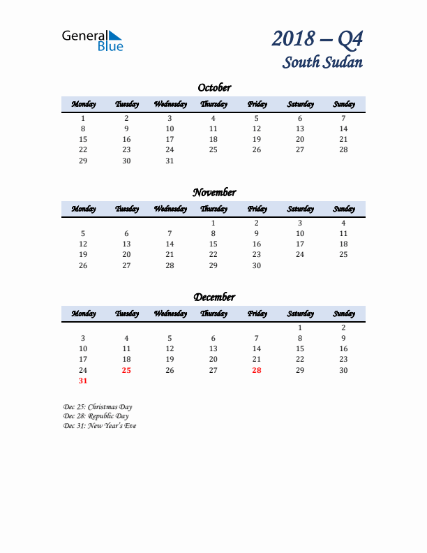 October, November, and December Calendar for South Sudan with Monday Start