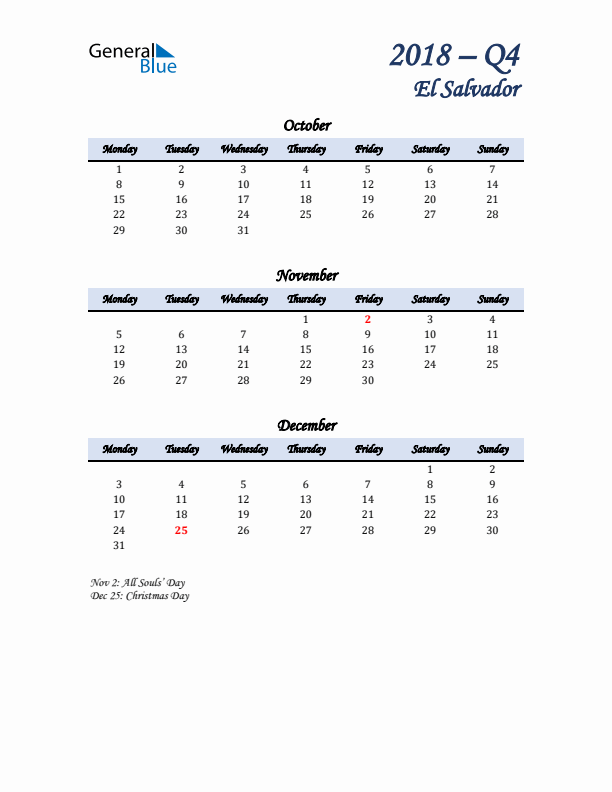 October, November, and December Calendar for El Salvador with Monday Start