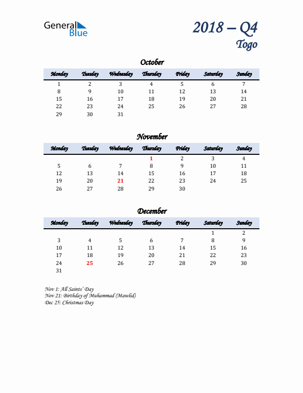 October, November, and December Calendar for Togo with Monday Start