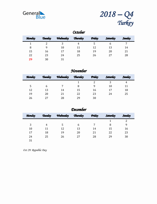 October, November, and December Calendar for Turkey with Monday Start