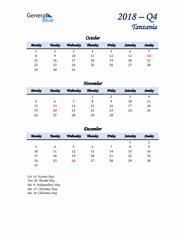 October, November, and December Calendar for Tanzania with Monday Start