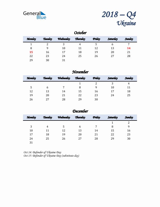 October, November, and December Calendar for Ukraine with Monday Start