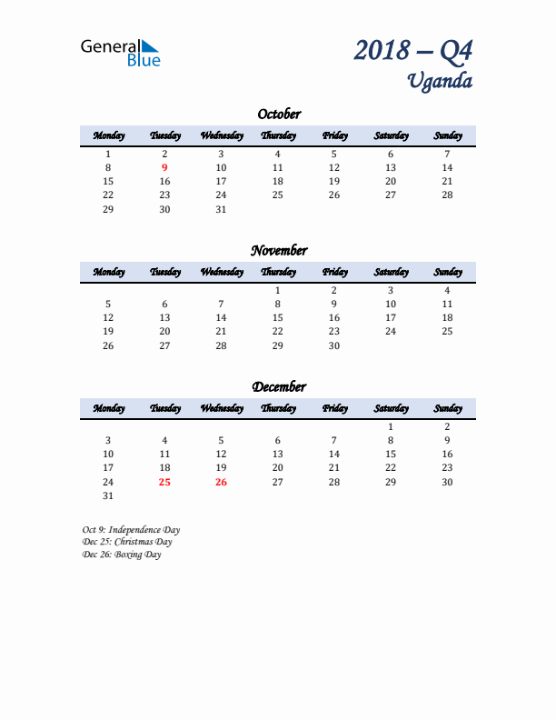 October, November, and December Calendar for Uganda with Monday Start