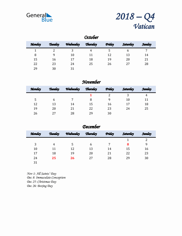 October, November, and December Calendar for Vatican with Monday Start