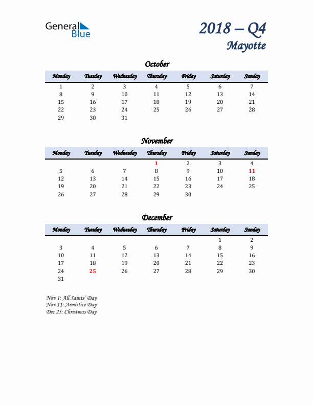 October, November, and December Calendar for Mayotte with Monday Start