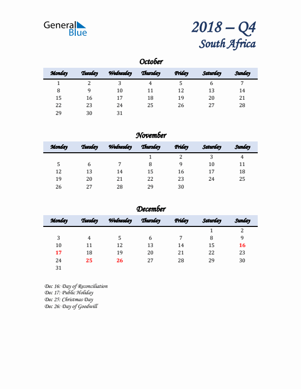 October, November, and December Calendar for South Africa with Monday Start