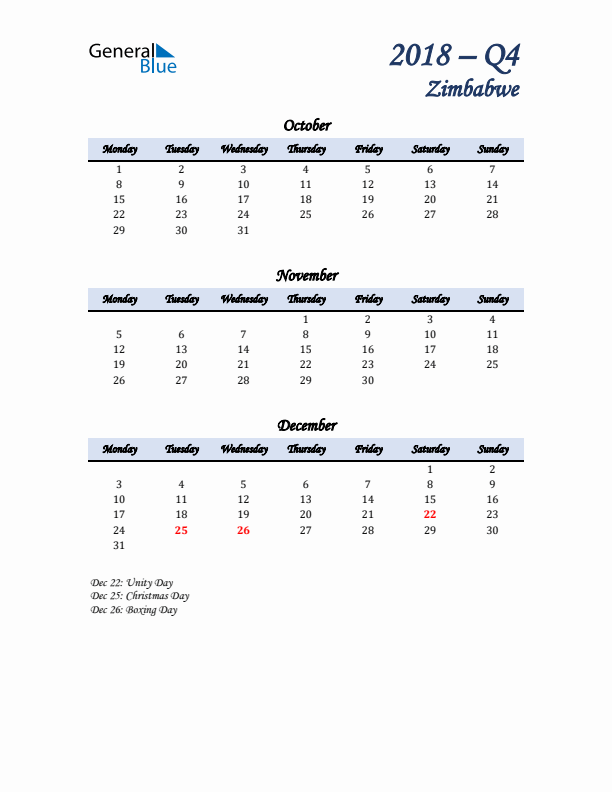 October, November, and December Calendar for Zimbabwe with Monday Start