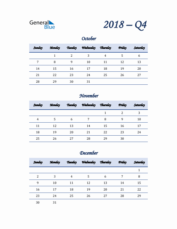 Sunday Start 2018 Quarterly Calendar