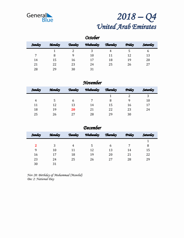 October, November, and December Calendar for United Arab Emirates with Sunday Start