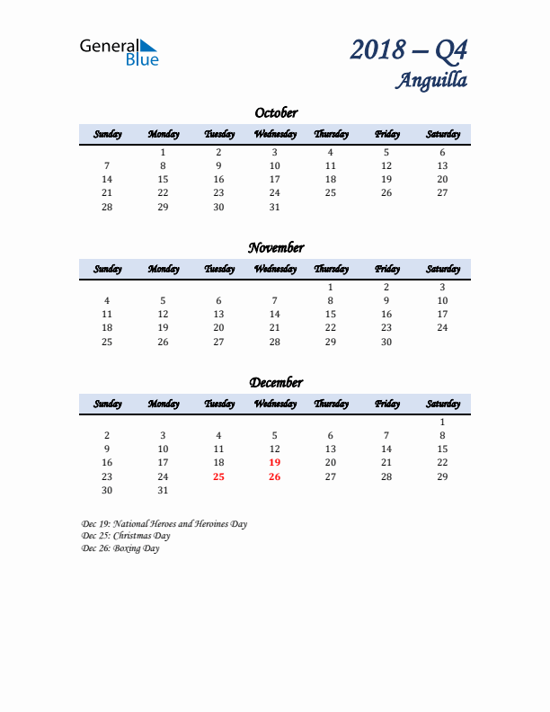 October, November, and December Calendar for Anguilla with Sunday Start